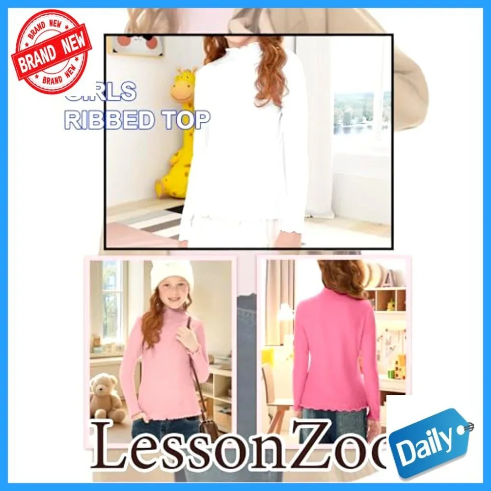 Girls 3 Pack Lettuce Trim Mock Neck Long Sleeve Cotton Tees 5-14Y Slim Fit